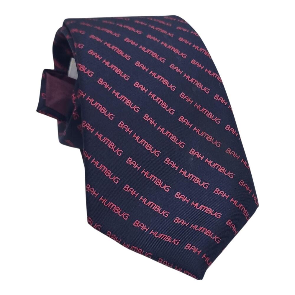 Vintage Horchow Tie Mens Blue Silk Bah Humbug Novelty Christmas Classic Necktie